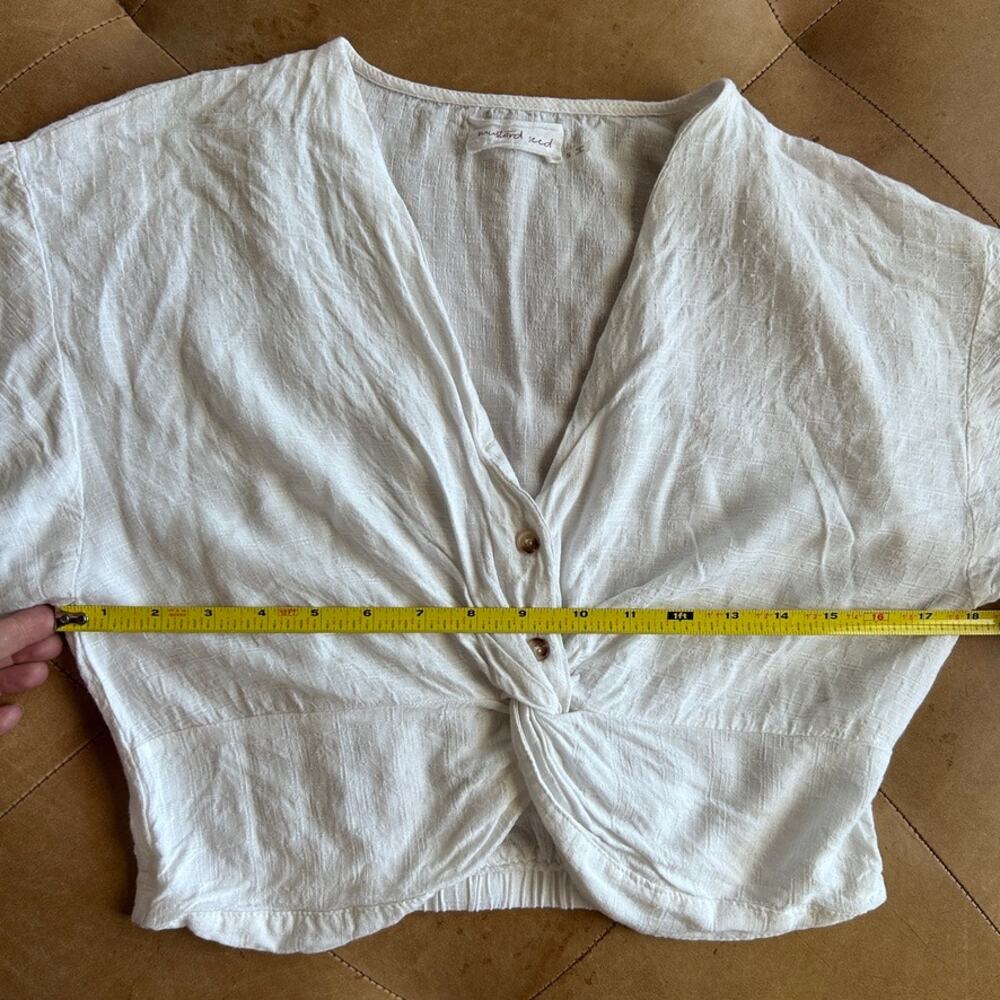 Twist Front Crop Top White Linen Look Romantic Coastal Boho Flutter Sleeve S - Picture 6 of 10